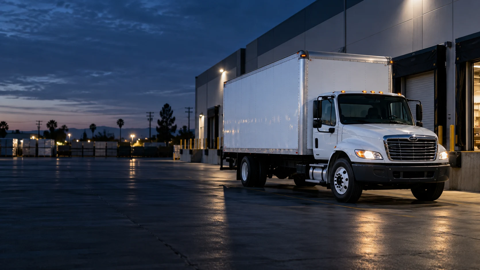 Illustrative box truck at a Southern California warehouse at dusk