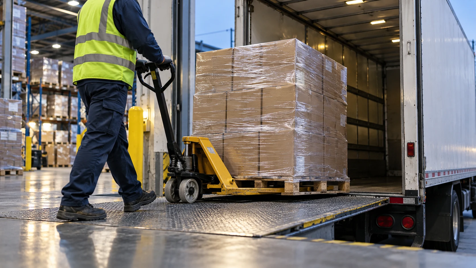 Illustrative palletized freight loading into a box truck